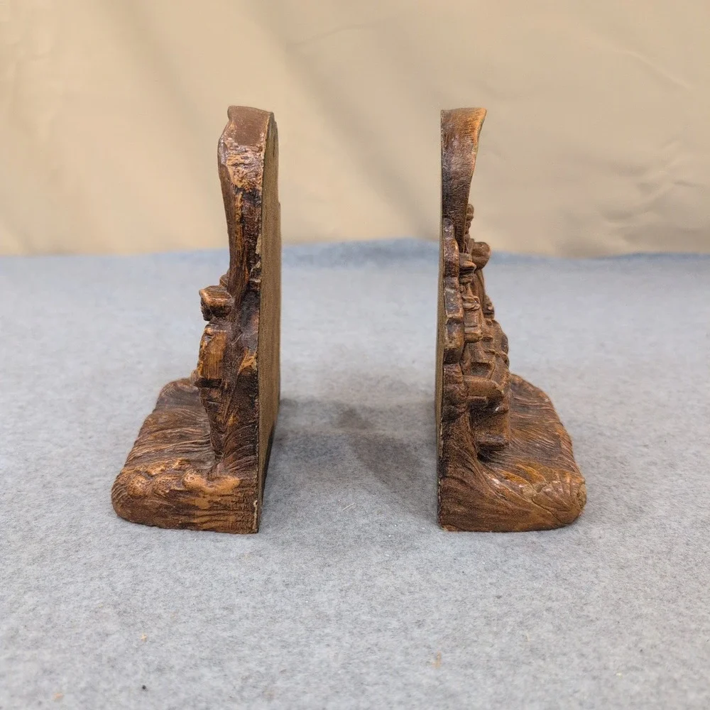 Vintage Western Covered Wagon Oxen Pioneer Bookends Set Rustic Faux Wood Resin - Picture 4 of 6